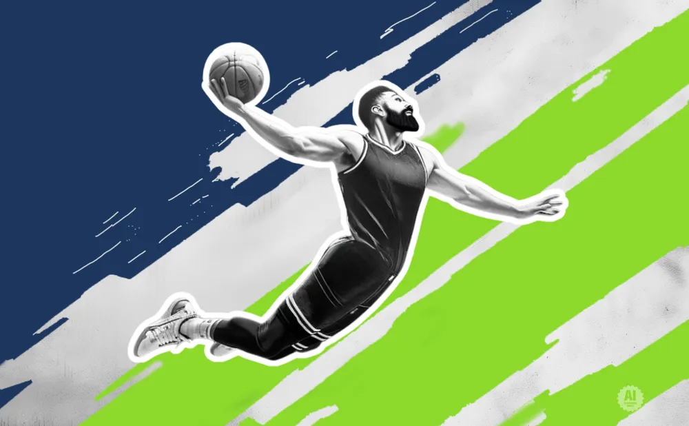A basketball player mid-air, holding a ball, against a background of blue and green streaks.