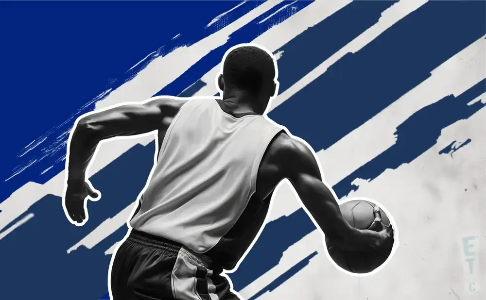 Black and white image of a basketball player dribbling a ball, set against a blue and white abstract background.