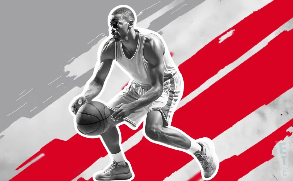 A black and white illustration of a basketball player dribbling a ball on a red and white striped background.