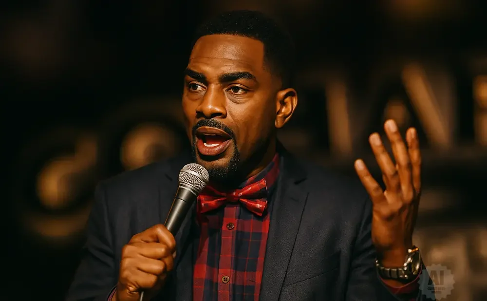 A man in a suit and bow tie speaks into a microphone, gesturing with his free hand.