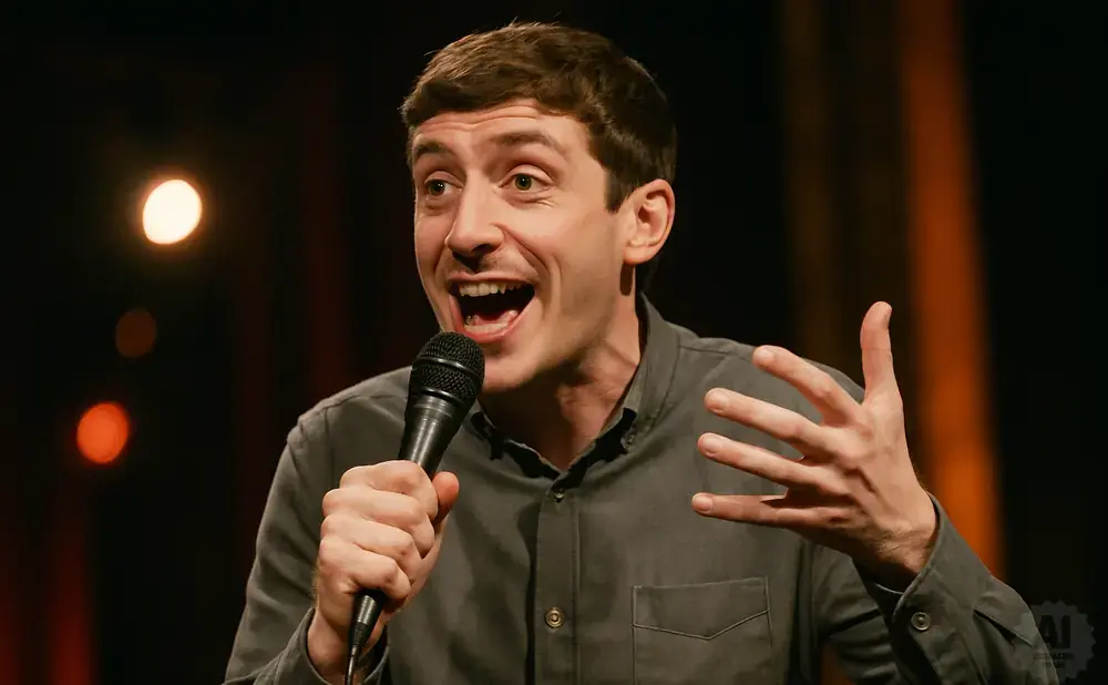 A man with short brown hair, wearing a grey shirt, holds a microphone and gestures with his hands while speaking