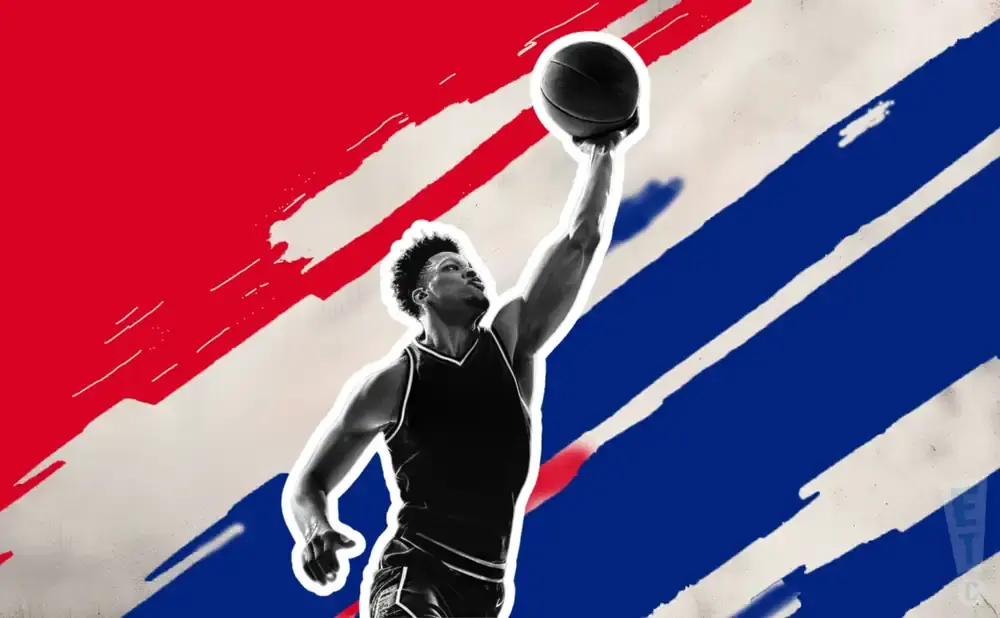 A basketball player jumps with the ball against a red, white, and blue abstract background.