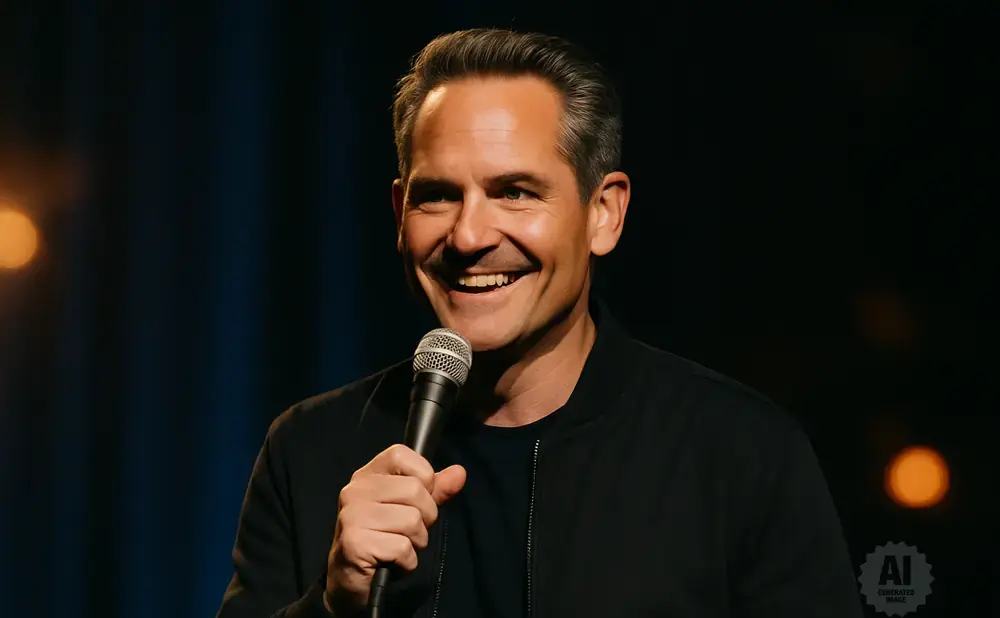 A man in a black jacket laughs while holding a microphone.