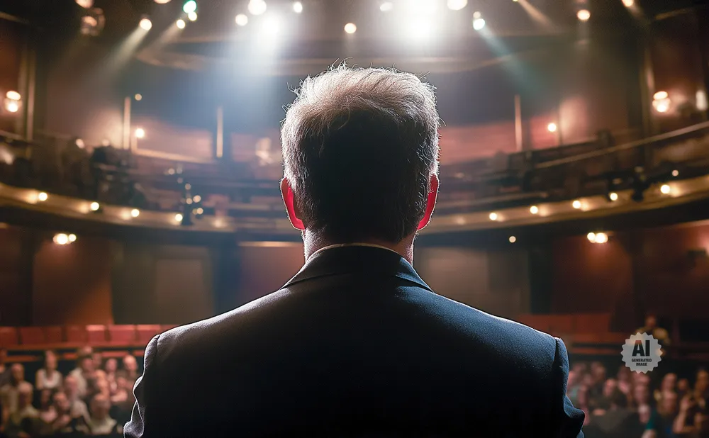 Man in suit facing away from camera on stage, audience in background.