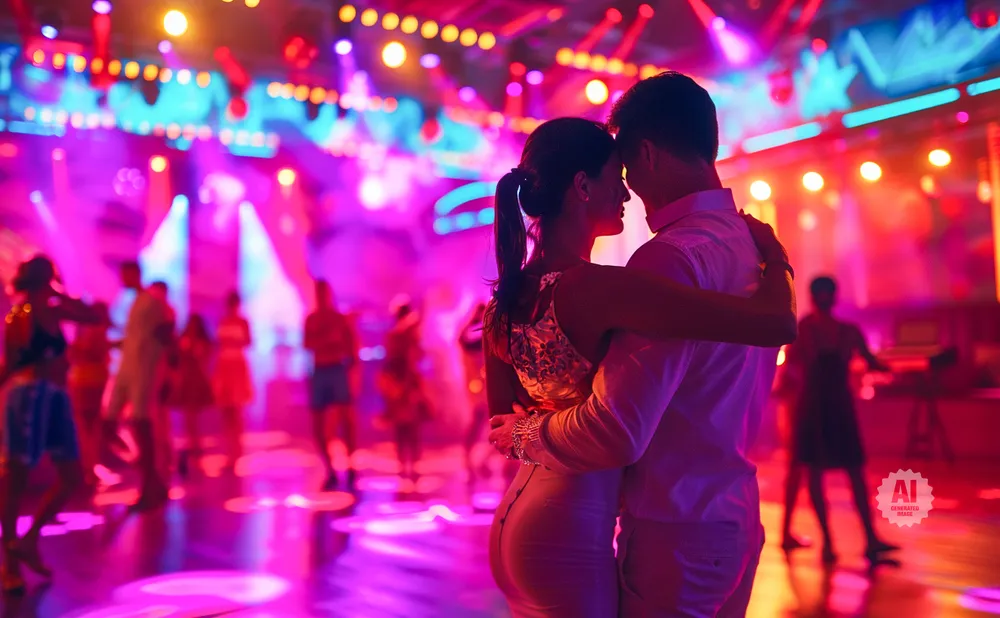 Couple dancing intimately under vibrant pink and blue lights at a crowded nightclub.