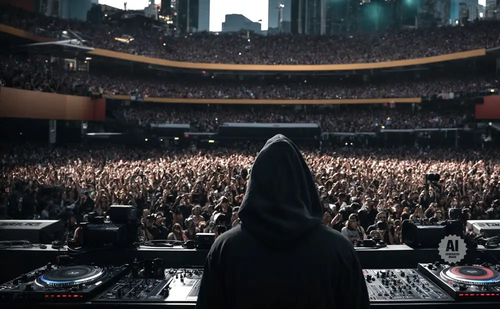 DJ in hoodie at stadium concert with large cheering crowd and city skyline.