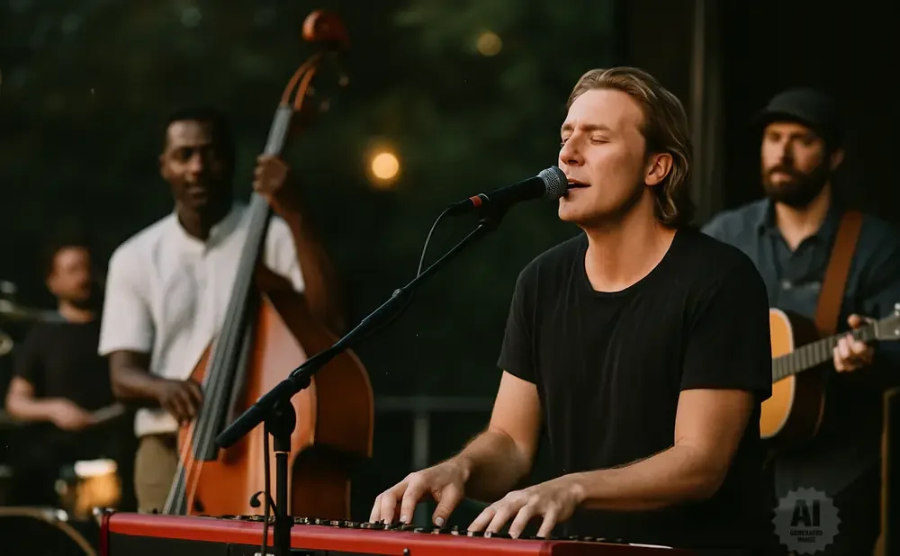 A band performs outdoors, with a singer playing a keyboard in the foreground.