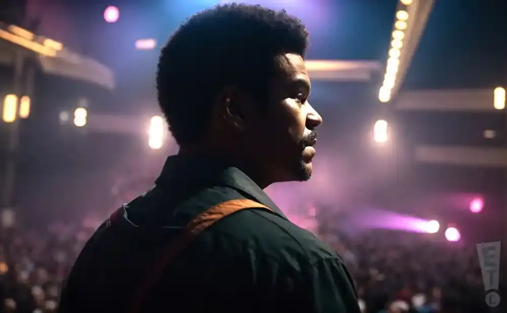 A man with an afro looks to the right on a dimly lit stage with purple lights and a blurred audience.