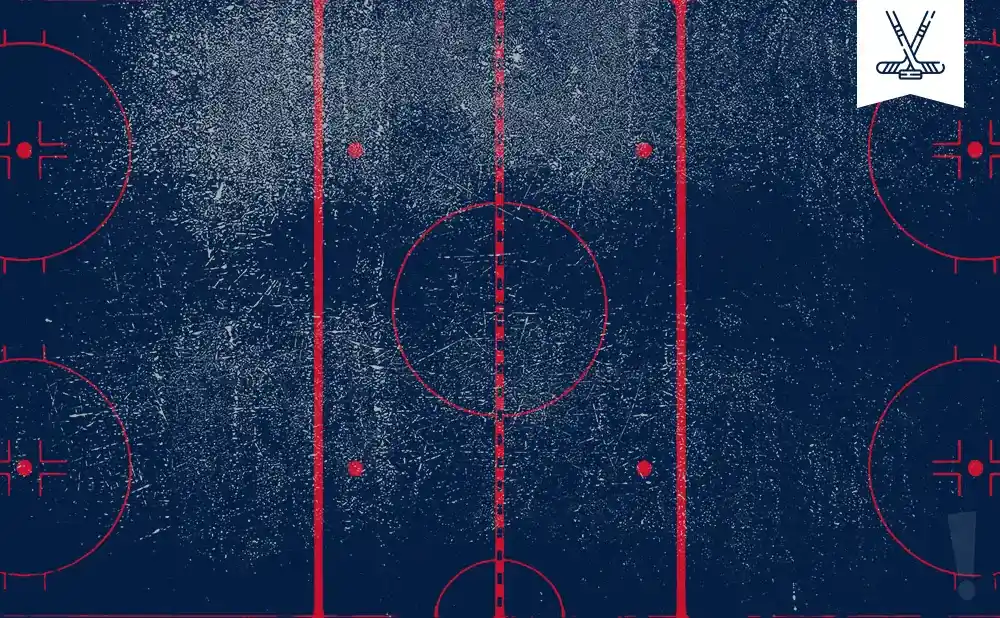 A textured, navy blue hockey rink with red lines and markings. A small white banner with crossed hockey sticks is in the upper right.