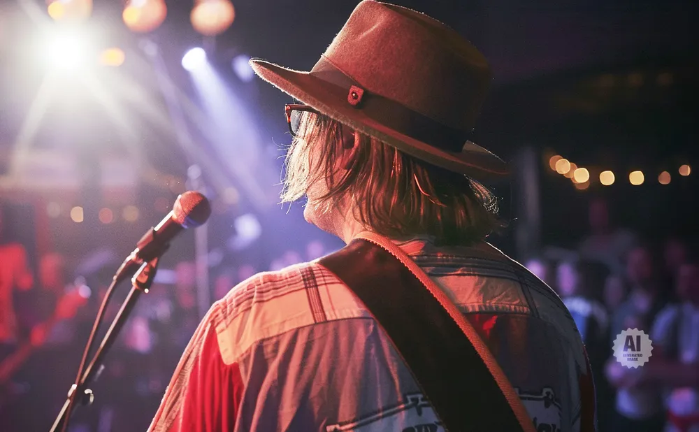 Musician in hat and plaid shirt performs on stage with microphone and blurred crowd.