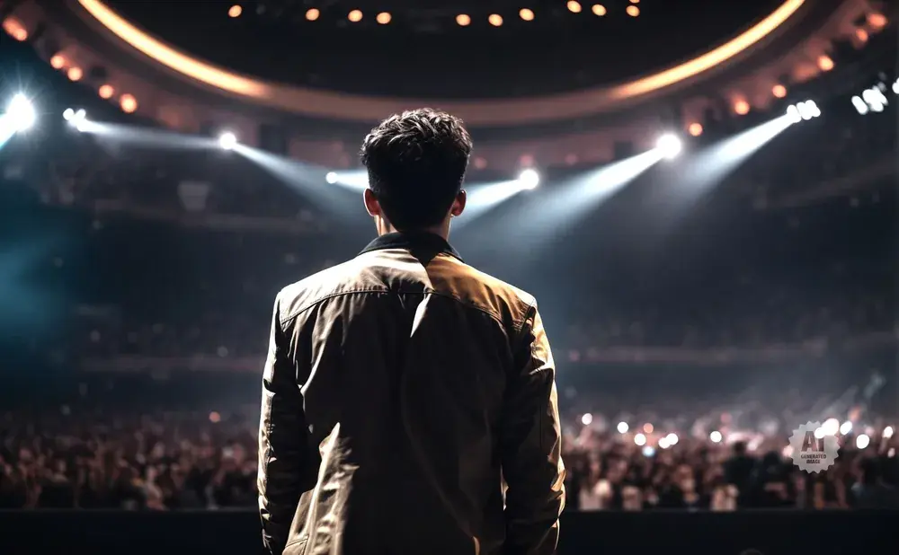 A person in a jacket stands facing away from the camera, looking at a large, illuminated audience.