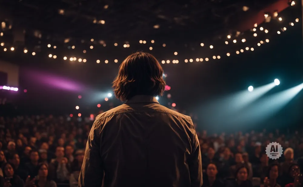 A person stands on stage facing a seated audience, illuminated by stage lights and decorative string lights.