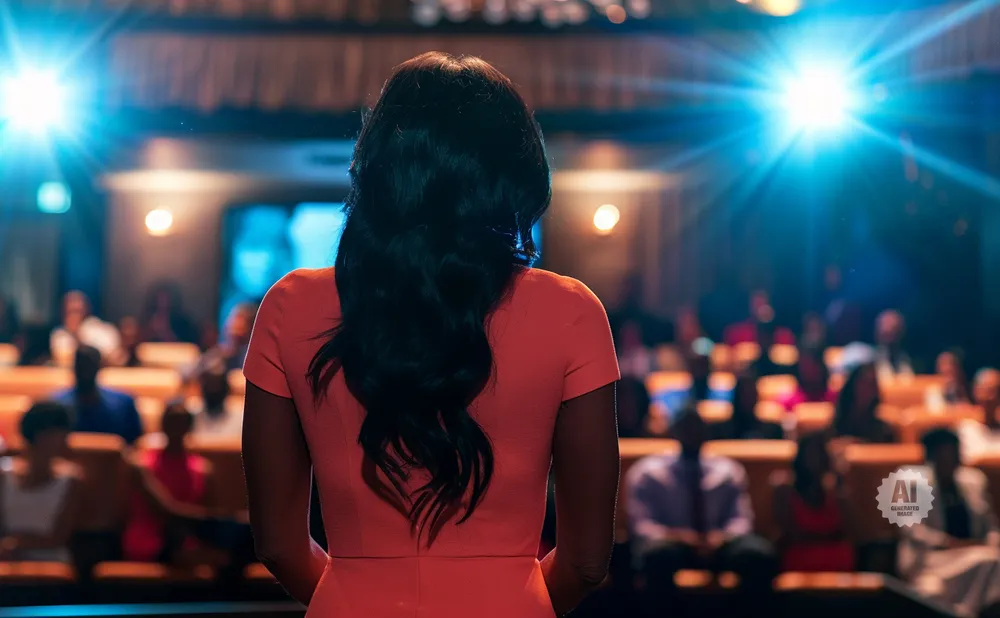Woman in orange dress speaks to an audience under bright stage lights.