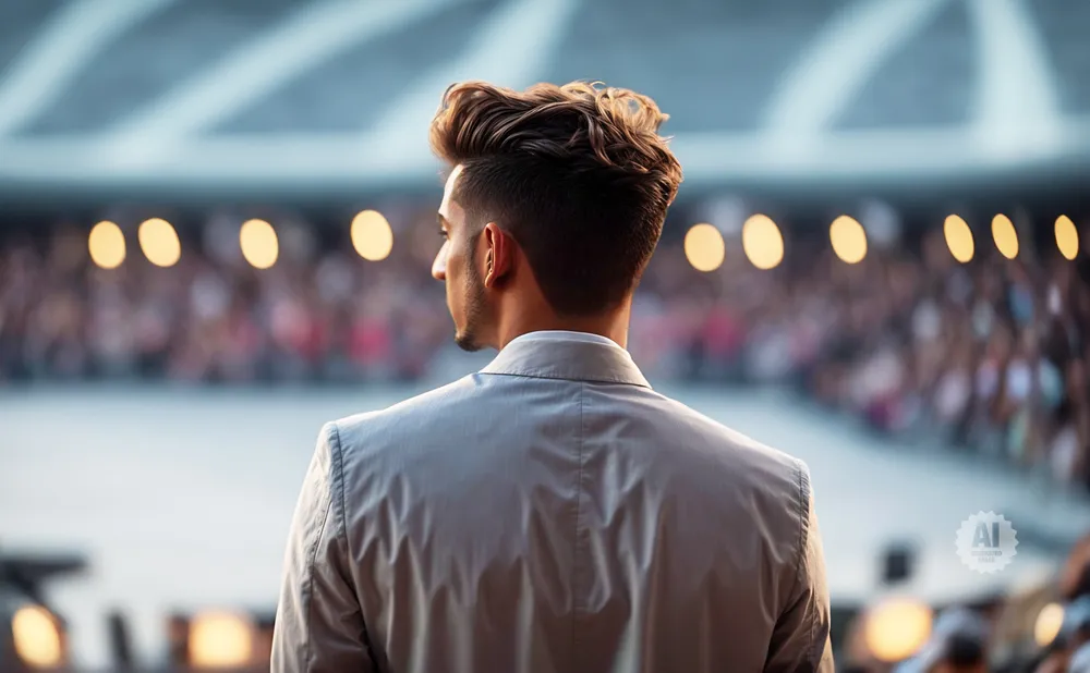 Man in grey jacket with styled hair looks out at a blurred crowd and lights.
