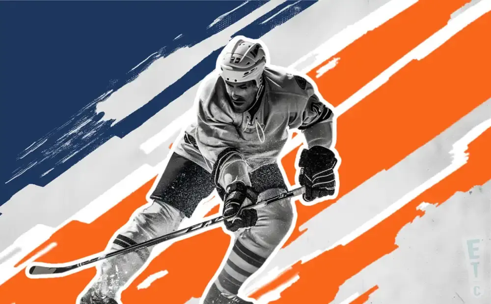 A black and white hockey player in action, with a blue and orange abstract background.