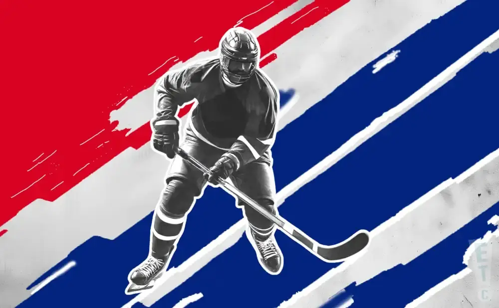 A hockey player in black and white on a red, white, and blue striped background.