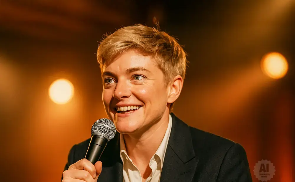 A person with short blonde hair smiles while holding a microphone on a warmly lit stage.