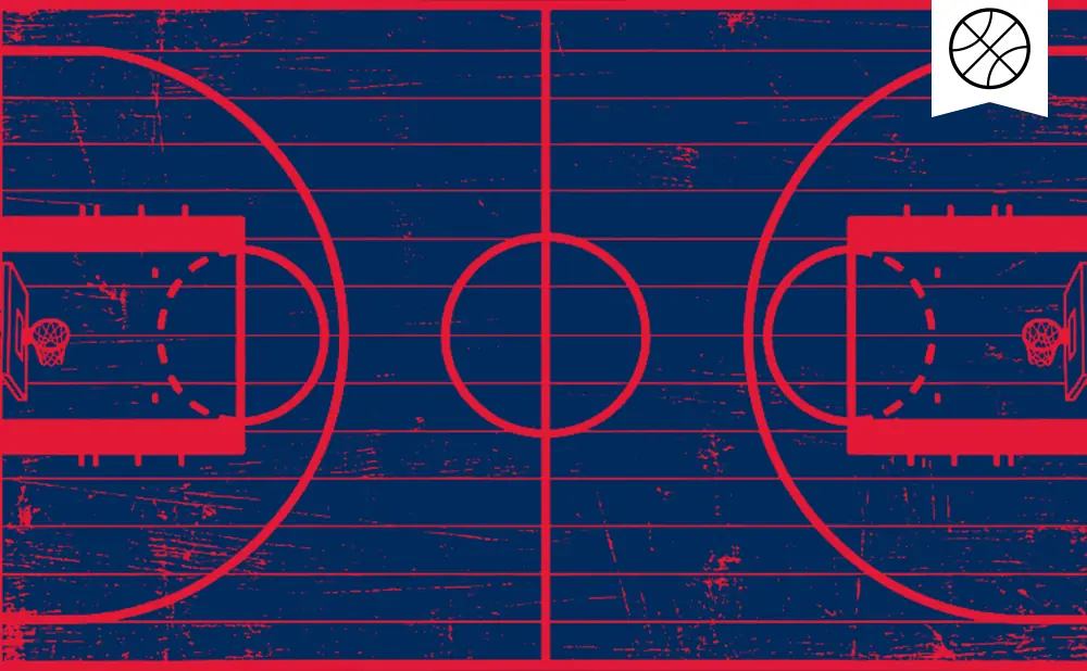 Basketball court with red lines on a navy blue, distressed background. A basketball icon is in the upper right corner.
