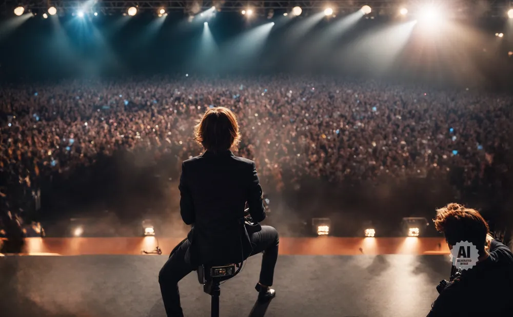 A musician performs for a large, adoring crowd on a stage lit by bright spotlights.