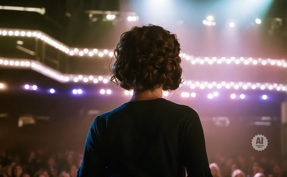 Person with curly hair on stage, facing an audience, with bright lights above.