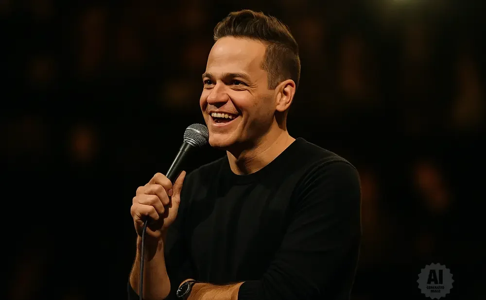 A smiling man in a black shirt holds a microphone on a dark stage.