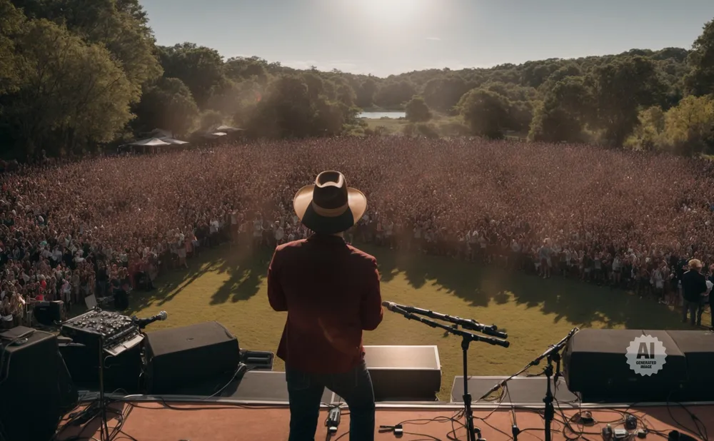 A performer in a cowboy hat stands on stage, facing a massive, cheering crowd outdoors.