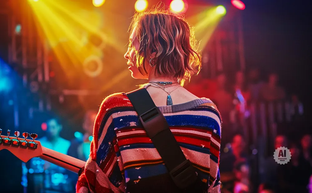 Guitarist with colorful sweater on stage with bright lights