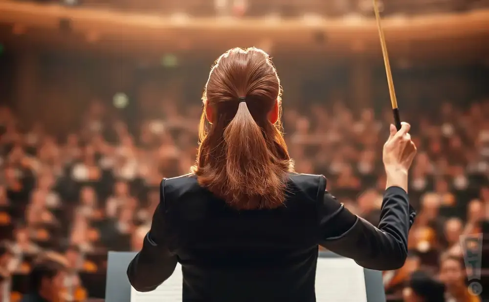 Conductor with baton leading orchestra in a concert hall.