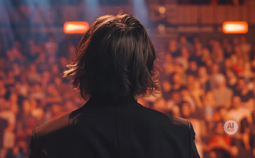 Back view of a person in a suit facing a blurry audience with stage lights.