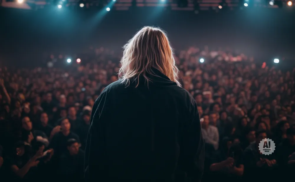 A person with blonde hair stands facing a large, blurry audience under stage lights.
