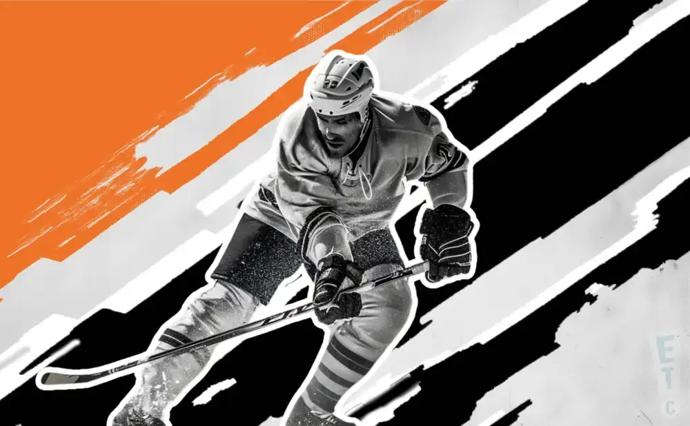 Black and white image of a hockey player in motion, with orange and black abstract shapes in the background.