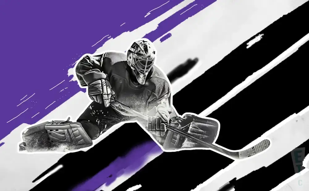 Hockey goalie in a crouched position, ready to make a save, with a purple and black abstract background.