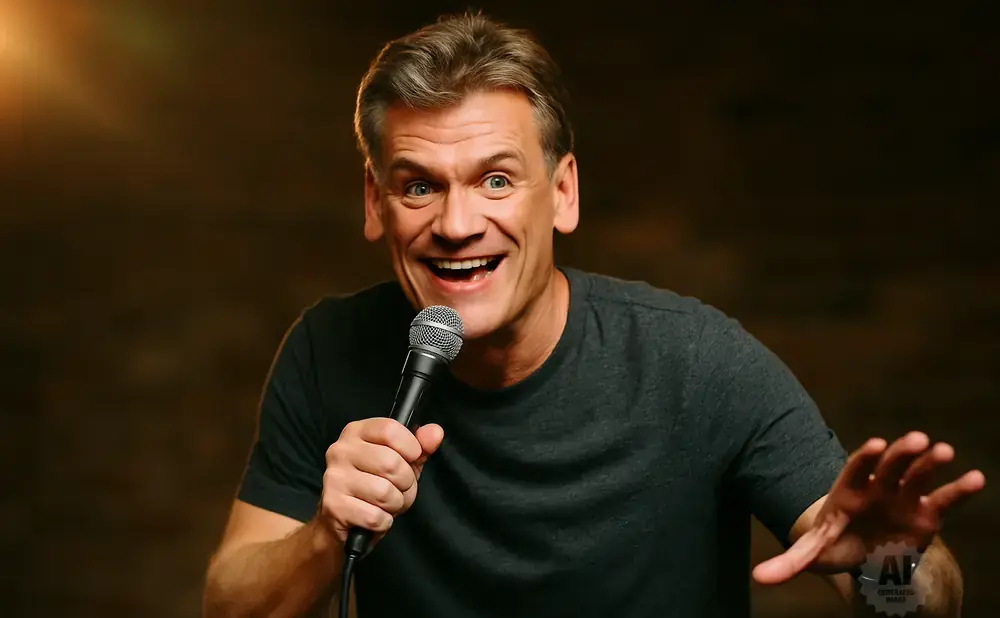 A man with a wide smile and holding a microphone gestures with his hand.