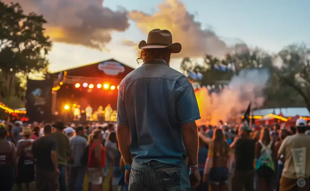 Man in cowboy hat watches crowd at outdoor concert with stage lights in background.