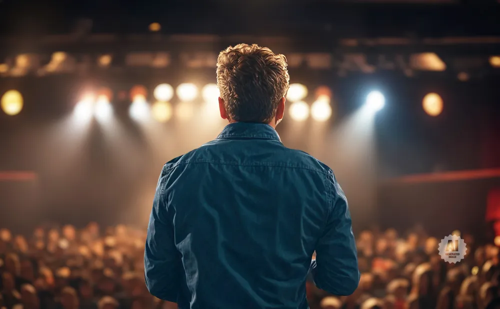 Man in denim jacket on stage facing an audience, illuminated by stage lights.