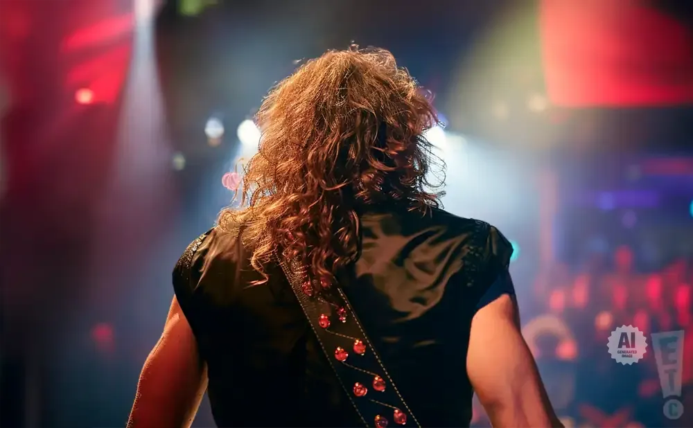 Back view of a musician with long, curly hair on stage, wearing a black outfit with a studded strap.