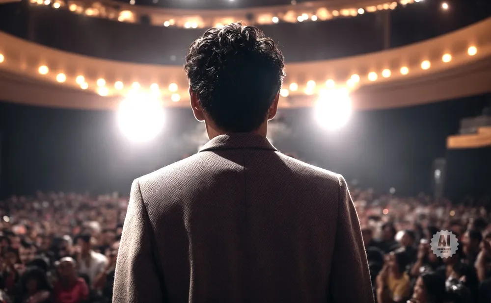 Back view of a person in a suit standing on a stage in front of a large, blurred audience.