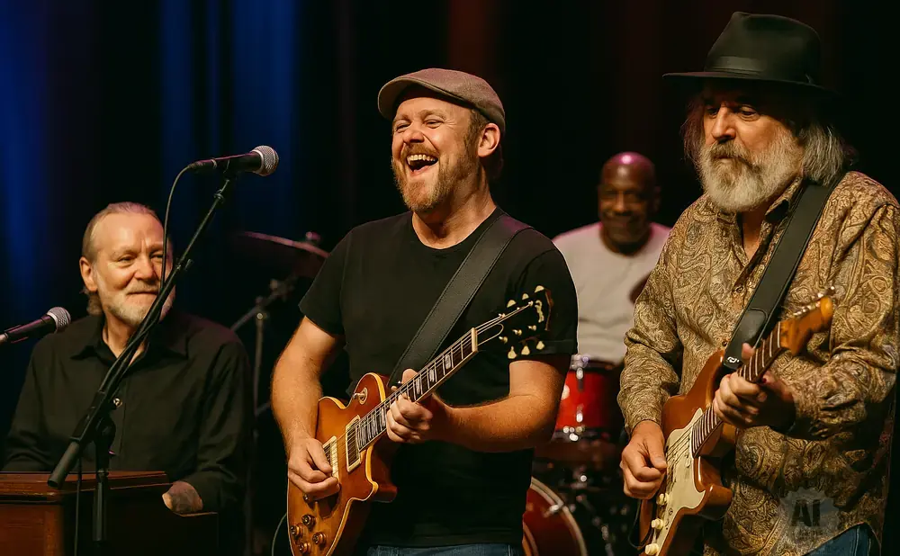 A band performs on stage, with a guitarist in the foreground laughing.