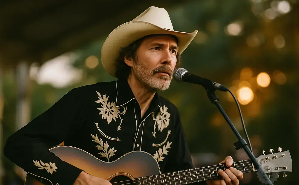 A man in a cowboy hat and embroidered shirt sings into a microphone while playing an acoustic guitar.