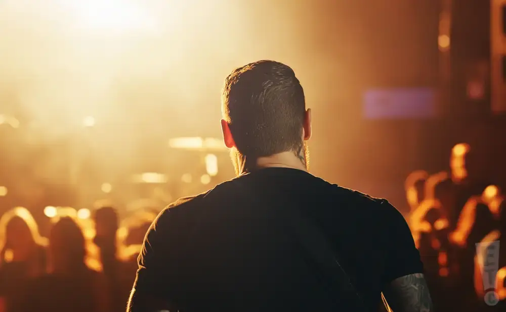 Back of a man with tattoos on his arm, facing a crowd in a dimly lit venue with bright stage lights.