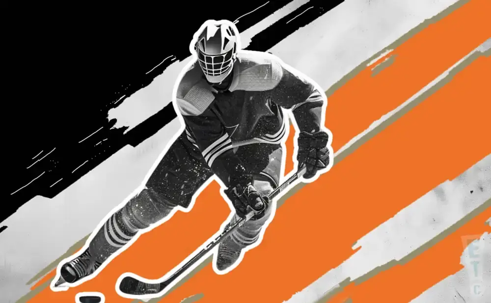 Hockey goalie in black and white skates with a puck, against an orange and black background with white brush strokes.