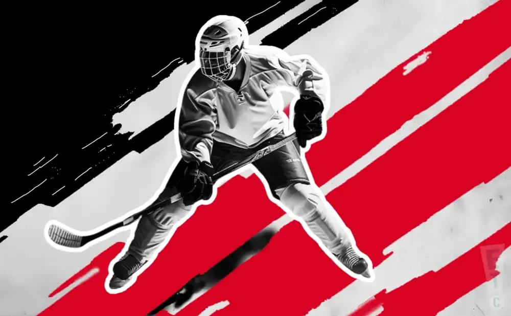 A hockey player in full gear, mid-stride, with a stick. Red and black abstract lines behind.