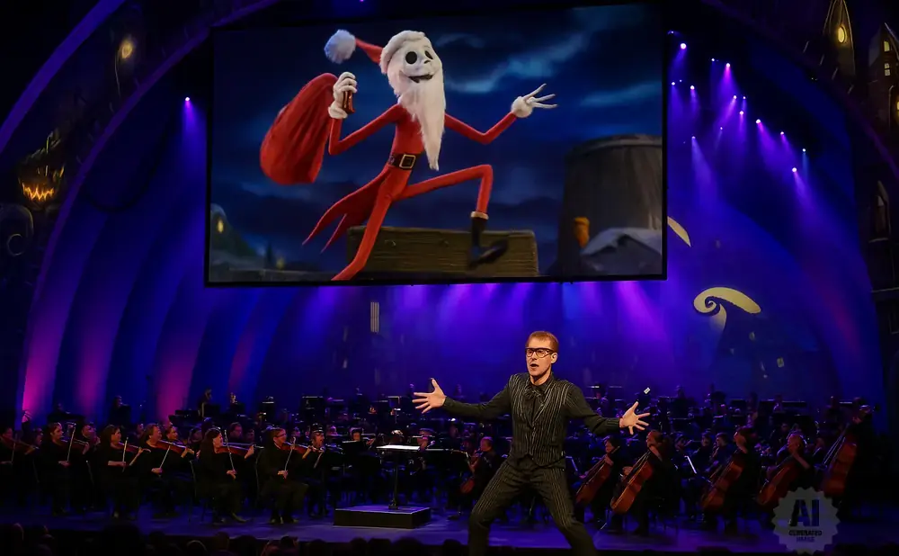 Conductor leads orchestra with Jack Skellington projection.