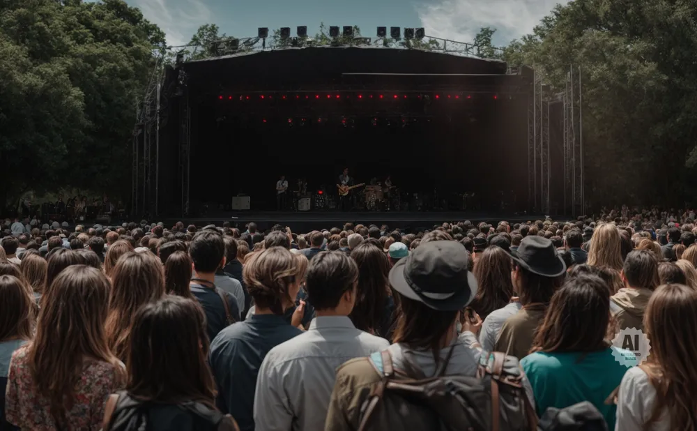 Crowd at an outdoor concert, facing a stage with musicians playing under red lights.