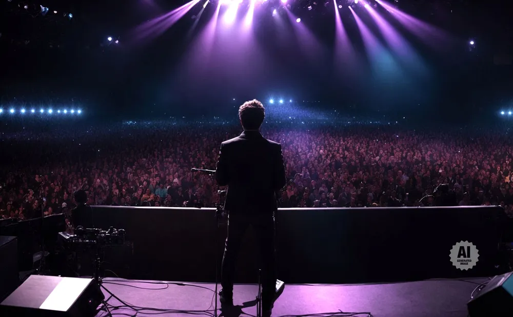 A performer in a suit on stage faces a large, cheering crowd under purple stage lights.