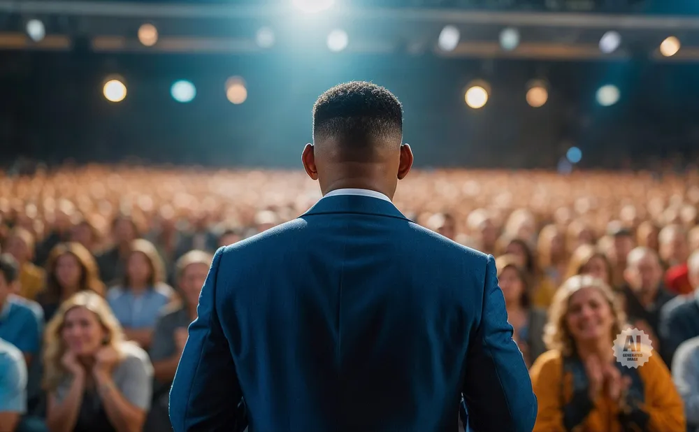 A speaker in a blue suit faces a large, cheering audience in a well-lit auditorium.