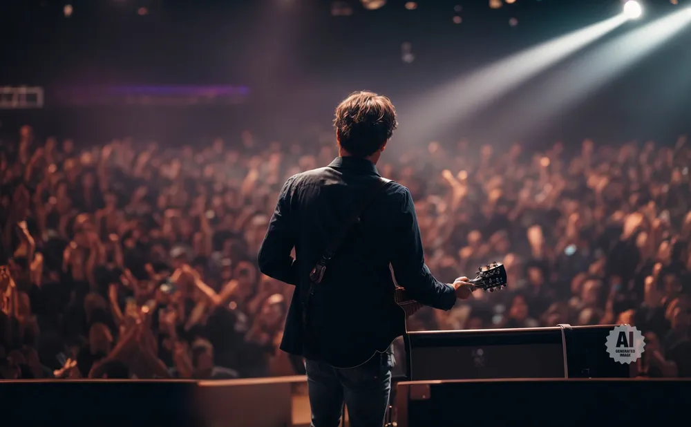 A guitarist plays for a crowd on a dimly lit stage.