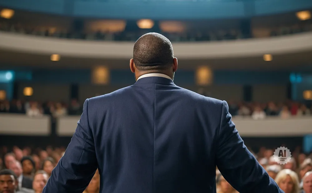 Man in a suit giving a speech to a large audience.