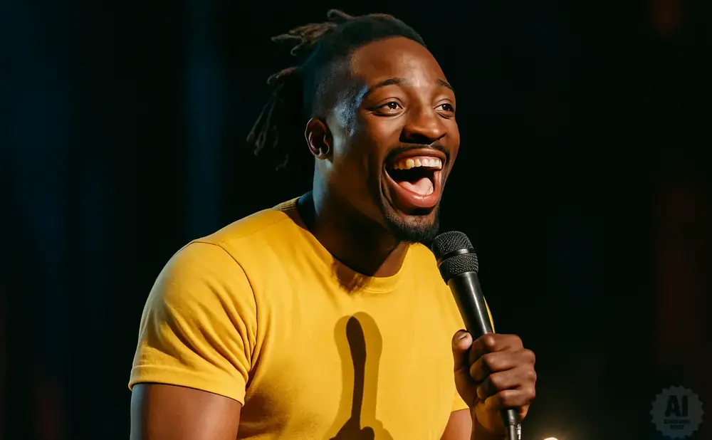 Comedian with dreadlocks in a yellow shirt laughs into a microphone on a dark stage.