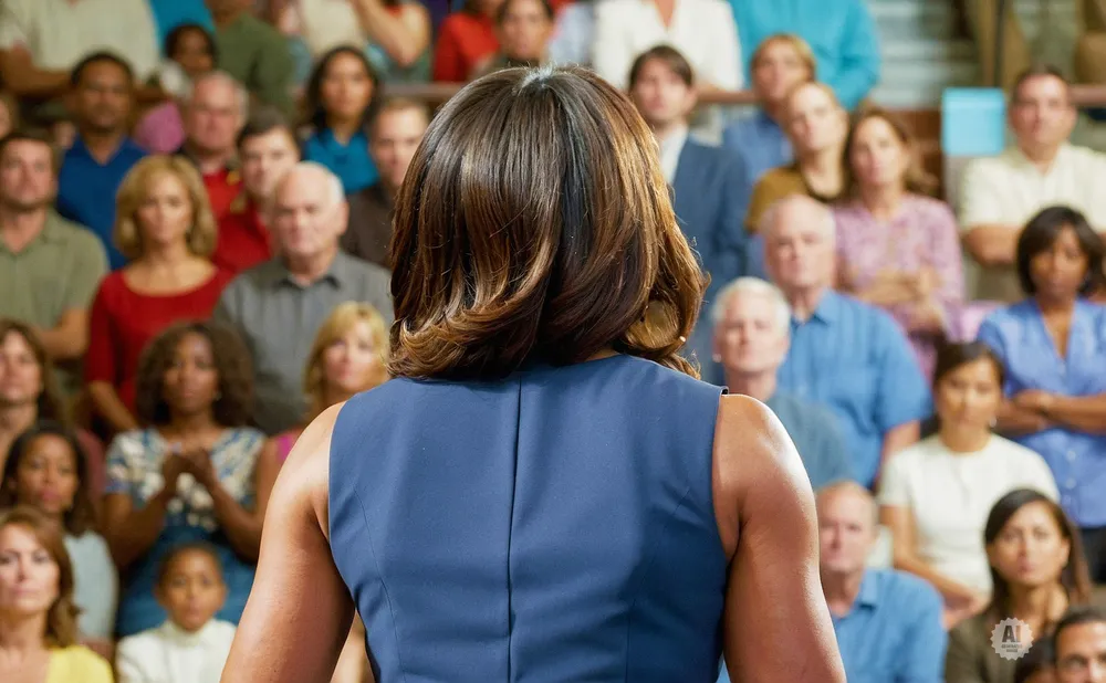 A woman in a blue dress speaks to an audience.